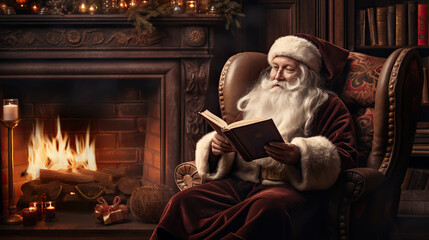 Santa Reading a Book nearby Fireplace
