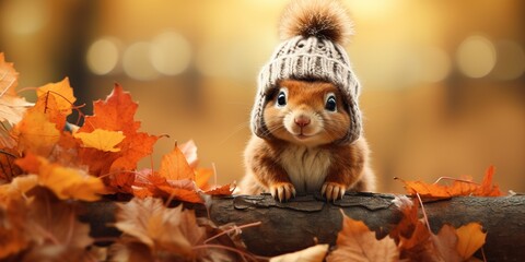 Naklejka premium Fall season card with cute squirrel with knitted hat on blurred autumn park landscape background with copy space. Autumn character.