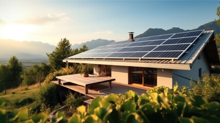 House getting energy from solar power roof, Terrace solar panels for self eco friendly homes.
