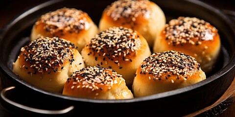 Fresh puffy buns with black sesame seeds and flax seeds close - up.
