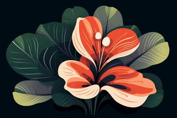 Bold tropical calethea leaves on black background, Tropical maranta house plant in colorful style, Prayer plant illustration | Generative AI