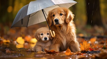 golden retriever and puppy in a puddle holding an umbrella AI Generated 