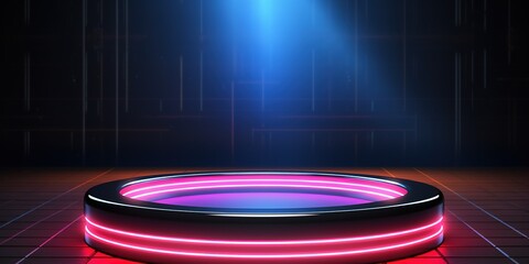 Glowing neon circle with platform with mockup space