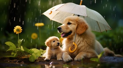 golden retriever and puppy in a puddle holding an umbrella. AI Generated