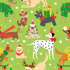 Seamless pattern with Cute cartoon dogs wearing different Christmas outfits.  Hand drawn vector illustration. Funny xmas green background.