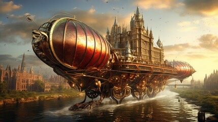 Large Epic Futuristic 19th Century Steam Punk Style Airship Attached to a Ship Sailing Along the...