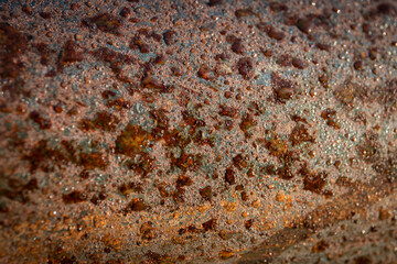 Rusty metal surface with many water drops