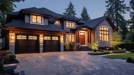 Luxury house exterior with brick and siding trim and double garage.  - obrazy, fototapety, plakaty