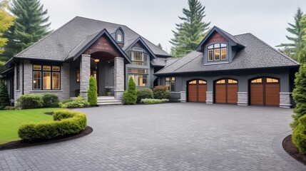 Luxury house exterior with brick and siding trim and double garage.  - obrazy, fototapety, plakaty