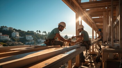 Two construction workers is working on a wood building under construction. - obrazy, fototapety, plakaty