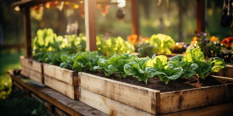 Fototapeta na wymiar Organic farming, salad farm. harvest vegetables into wooden boxes in rainy. vegetable grow naturally. greenhouse garden