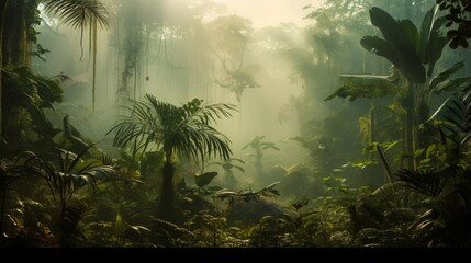 Morning in the jungle, Jungle in the fog, Panorama of the rainforest, palm trees in the fog, jungle in the haze. 