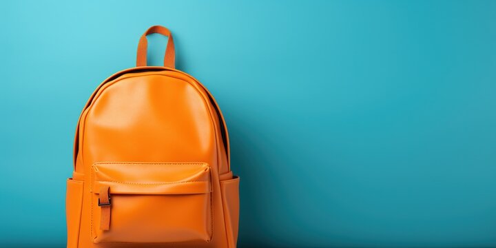 Orange school backpack on a blue background, banner, copy space.