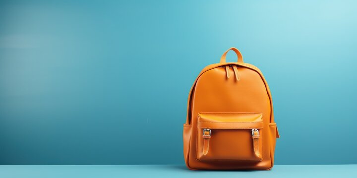 Orange school backpack on a blue background, banner, copy space.