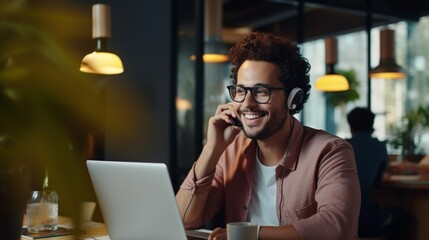 Portrait of young smiling cheerful entrepreneur in casual office making phone call while working with laptop AI Generated 