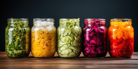 Probiotic food. Pickled or fermented vegetables. Sauerkraut in glass jar on a light background. Home food preserving or canning. Vegan product... - obrazy, fototapety, plakaty