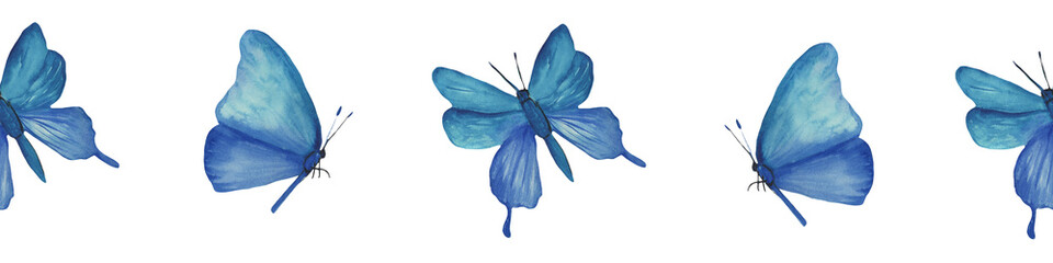 Watercolor seamless border with butterfly. Hand drawn illustration on white background