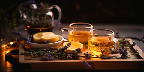 Relax at home. Cup of herbal tea, aroma candle, sticks, lavender flowers, dry oranges and natural oils on wooden tray with copy space. Insomnia or depression treatment.