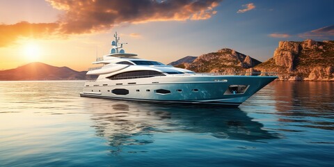 Sea travel banner with white luxury yacht at sunset In calm sea. Sea vacation.