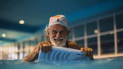 Senior man with kickboard in swimming pool.