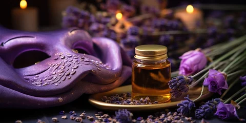 Schilderijen op glas Sleep mask, lavender oil and serum with lavender flowers © Coosh448