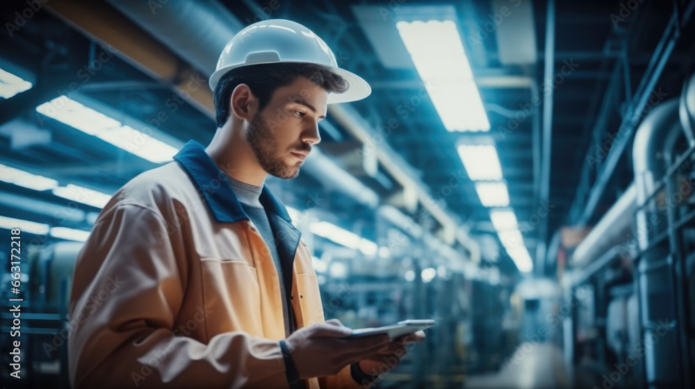 Aufkleber worker with a tablet in his hands working in a modern factory.