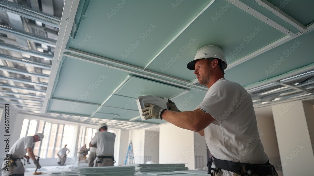 Poster workers fitting panel into frame of ceiling at home under construction.