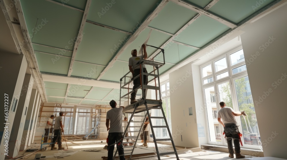 Poster workers fitting panel into frame of ceiling at home under construction.
