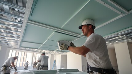 Workers fitting panel into frame of ceiling at home under construction. - obrazy, fototapety, plakaty