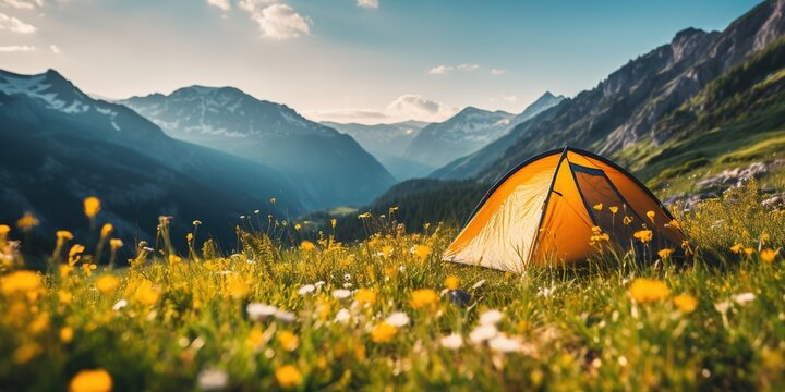 Summer vacation in the mountains. Camping with yellow tent in a mountain valley with wild meadow flowers on background of mountains. Freedom travel and hiking in the mountains concept.