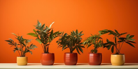 Three potted plants on a table against an orange wall.