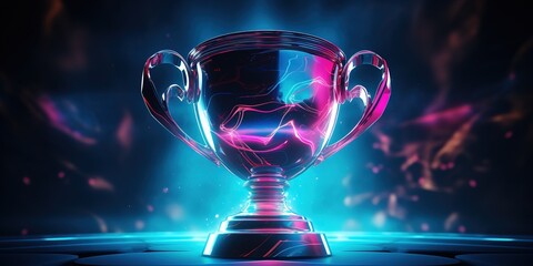 The winner's cup with bright neon illumination on a dark background. - obrazy, fototapety, plakaty