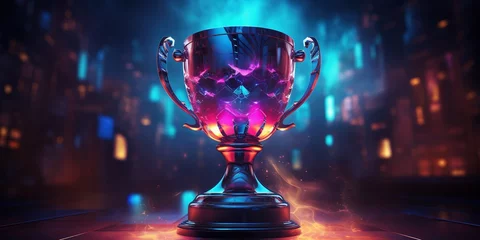 Fotobehang The winner's cup with bright neon illumination on a dark background. © Coosh448