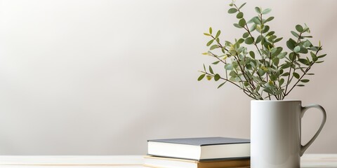 White ceramic mug, stack of books and eucalyptus branch on white wooden table, space for text - Powered by Adobe