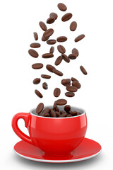 Ceramic coffee cup with coffee beans for americano, espresso, latte on white