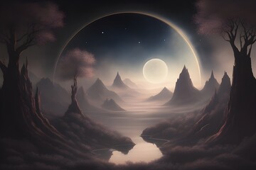 A Breathtaking Scene of a Vast and Peaceful Landscape With Mystical Properties and a Moon in the Sky (Generative Art)