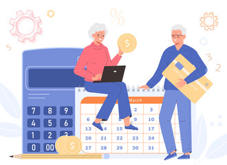 Financial literacy and savings of elderly people. An elderly couple retirement budget planning. An elderly man with bank card and mature woman with coin in her hand.