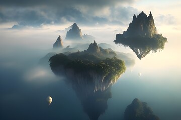 A Mystical Realm With Beautiful Floating Islands in the Sky (Generative Art) - obrazy, fototapety, plakaty