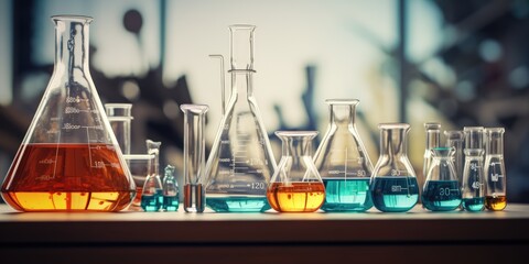 Medical lab banner with transparent glass flask and glassware, AI Generative