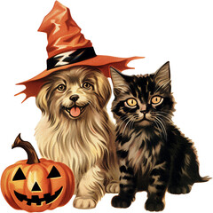 Cat and dog with halloween pumpkin on transparent background in vintage style