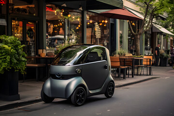 Compact electric vehicle parked next to a coffee shop in the heart of the city.