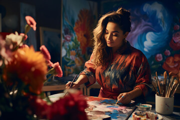 A young Latina artist with her hands covered in paint as she puts the finishing touches to a canvas.