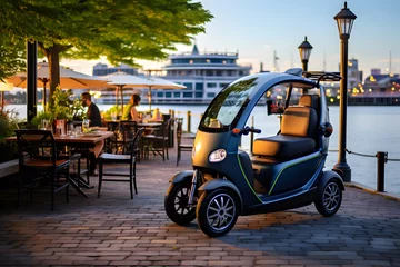 Fotobehang Small electric vehicle parked near a riverside bistro in the heart of the city. © Oriol Roca