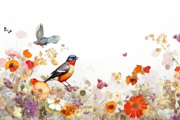 Flowers, bird, butterflies on white background. Generative AI