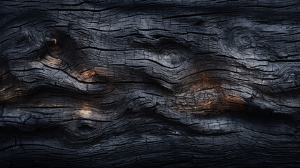 Burned Wood closeup dark photo background  - Burnt wooden board, black charcoal wood texture, burned coal barbecue background with copy space, top view - Ai - obrazy, fototapety, plakaty