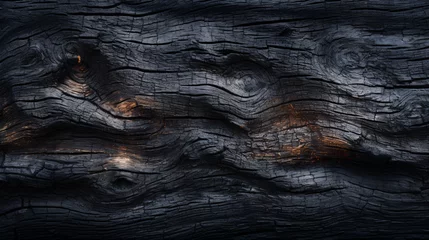 Tuinposter Burned Wood closeup dark photo background  - Burnt wooden board, black charcoal wood texture, burned coal barbecue background with copy space, top view - Ai © Impress Designers