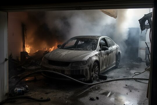 car on fire in garage. Generative AI