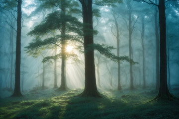 Beautiful rays of sunlight in a green forest