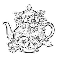 Banner, coloring page Tea Time, tea pot, cup in flowers frame. Anti stress stock illustration - 663175445