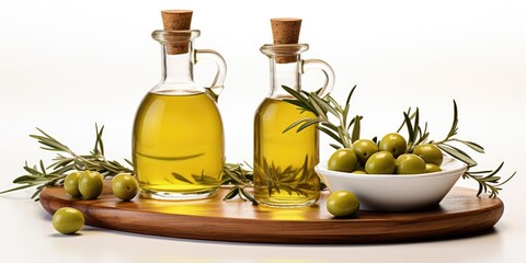 Isolated white background with premium olive oil bottle and tasty green olives, AI Generative